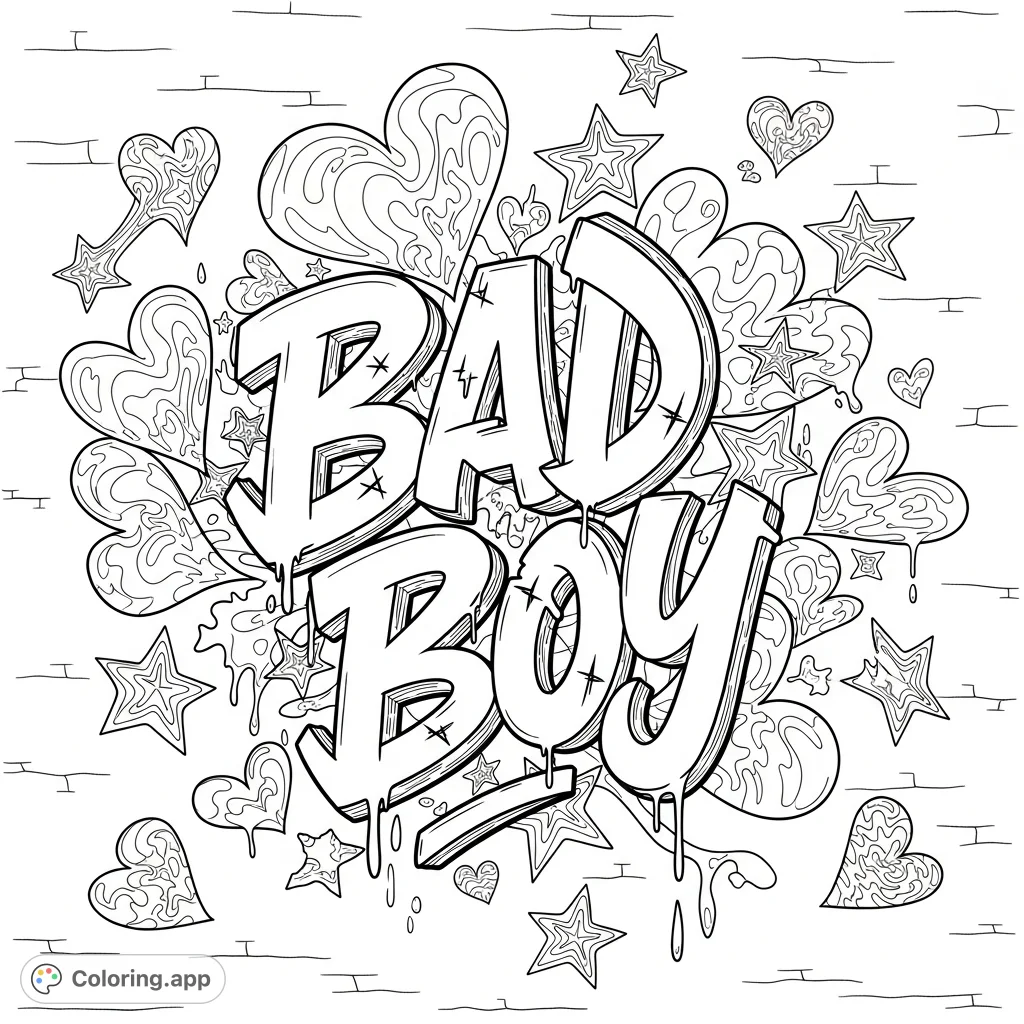 Unleash your creativity with this Bad Boy graffiti coloring page featuring dynamic lettering and intricate, trippy hearts and stars. A cool street art design.
