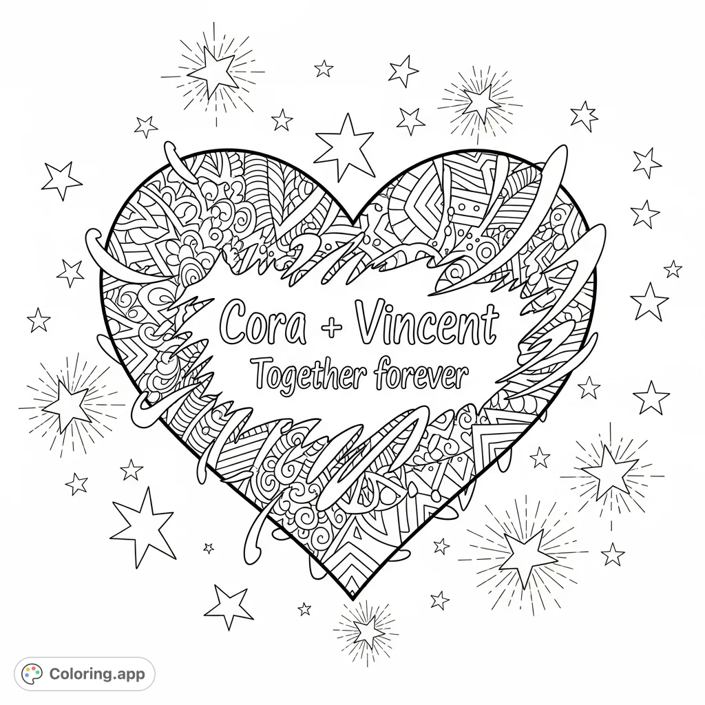 A unique Bohemian tribal and graffiti-style heart, inscribed with "Cora + Vincent Together forever," floats among stars. A personalized celestial romance coloring page.