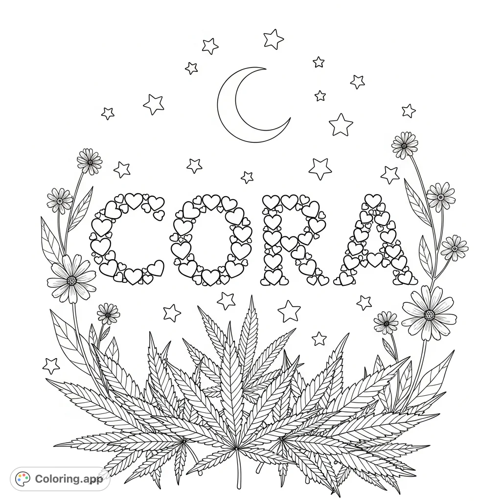 A unique adult coloring page featuring the name Cora formed by hearts, surrounded by whimsical stars, a crescent moon, delicate flowers, and detailed marijuana leaves.