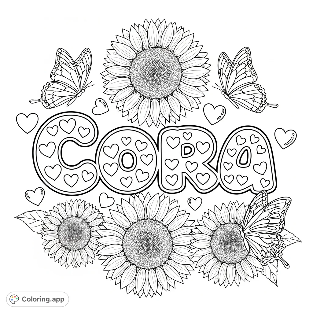 A delightful "Cora" bubble letter coloring page, adorned with cheerful sunflowers, fluttering butterflies, and playful hearts. A charming, free printable.