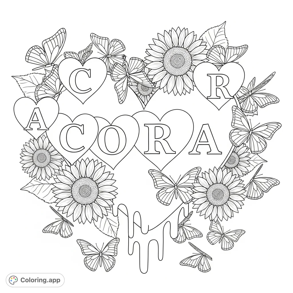 A whimsical Cora coloring page featuring intricate hearts, graceful butterflies, and detailed sunflowers. Perfect for personalized creative expression and relaxation.