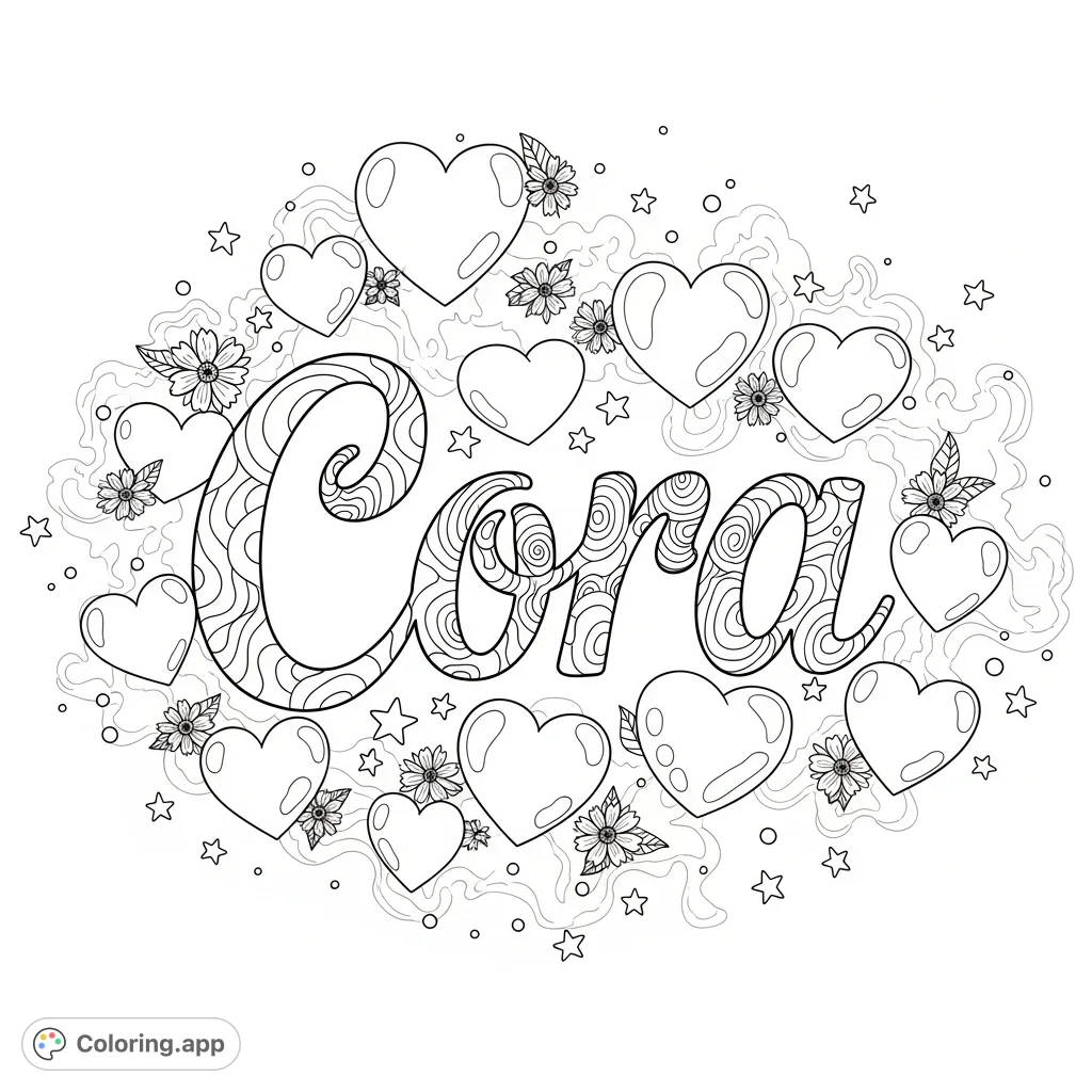 An enchanting Cora coloring page featuring the name in psychedelic cursive, surrounded by cute smoky hearts, tiny stars, and delicate flowers for a whimsical design.