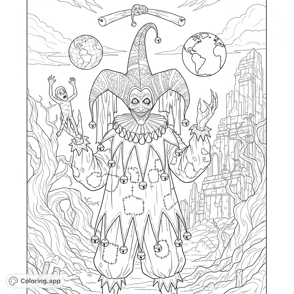 Dive into a dark fantasy realm with a creepy jester juggling tiny humans and a globe. A challenging and intriguing page for advanced colorists.
