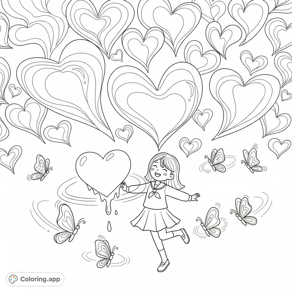 A whimsical scene capturing giddy affection and a melting heart, surrounded by playful butterflies and numerous ethereal soul hearts. Express heartfelt emotions.