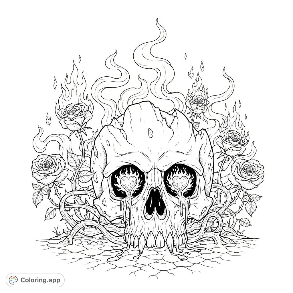 A decaying, jagged skull with pulsating, heart-shaped embers in its eye sockets, surrounded by thorny, darkly bloomed, wilting rose bushes amidst smoke and fire.