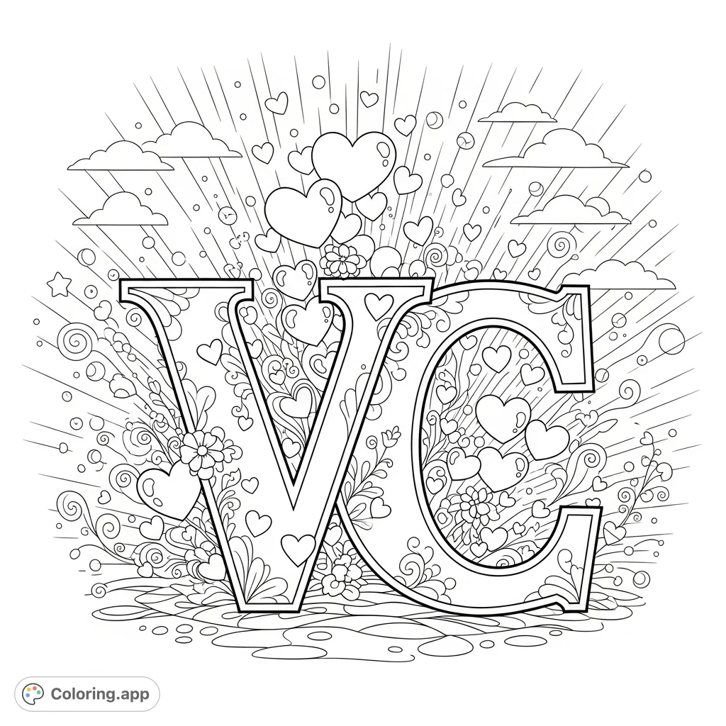 A charming V & C letter coloring page, adorned with an abundance of hearts and whimsical patterns. Perfect for expressing affection and creative exploration.