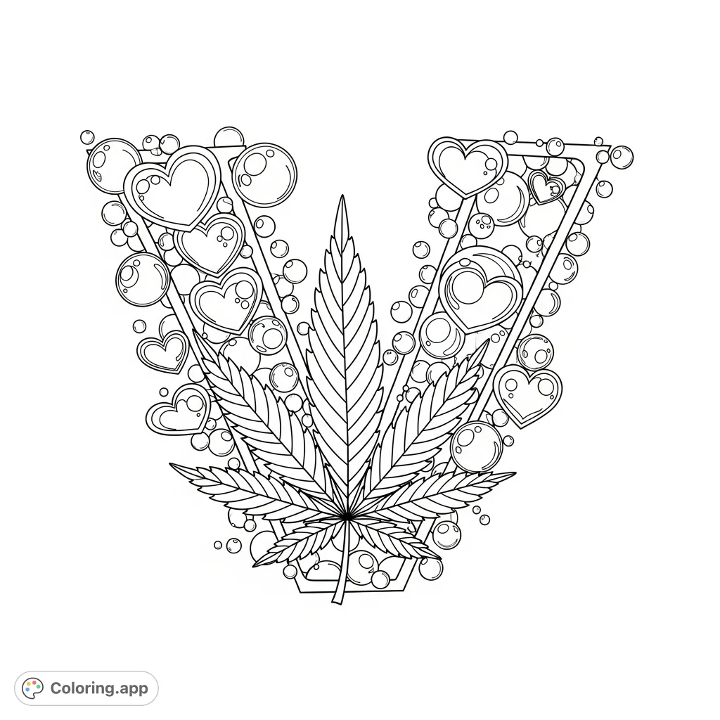 A unique coloring page featuring the letter V intricately formed by a cannabis leaf, surrounded by a whimsical array of bubbles and stylized heart-shaped bubbles.