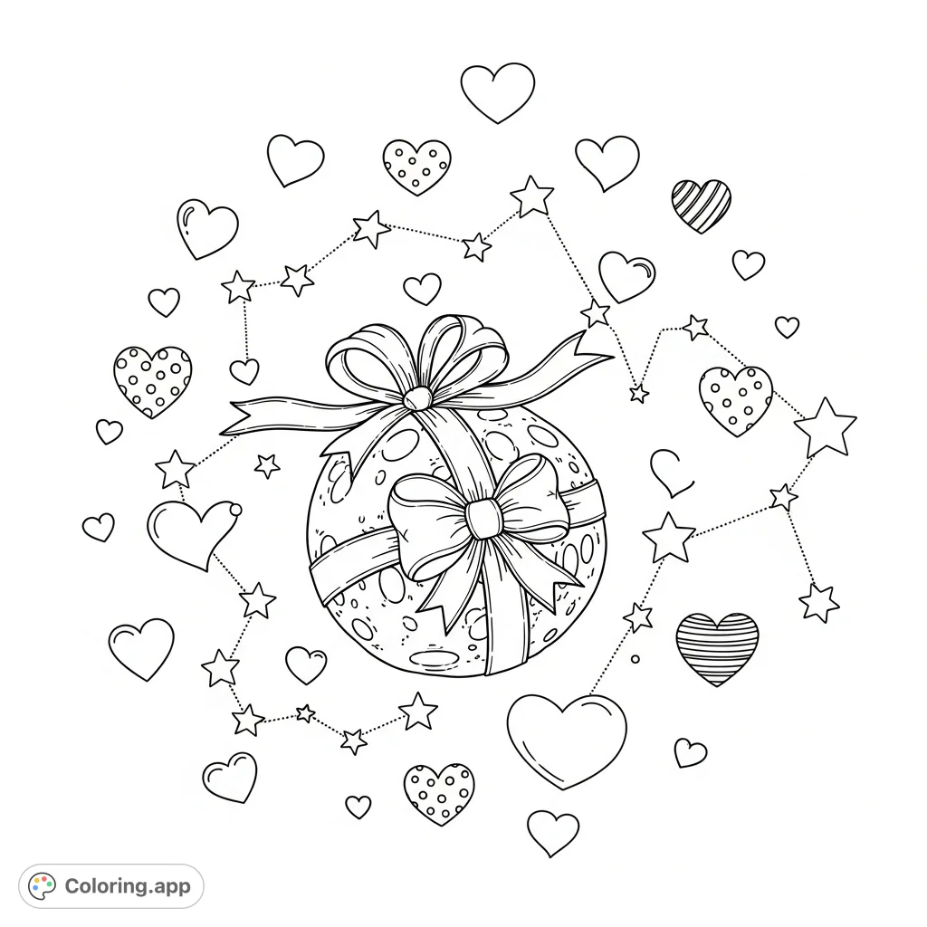 Discover a charming celestial scene featuring an elegant present moon, twinkling stars, and an abundance of cute hearts. A magical design awaiting your creative touch!