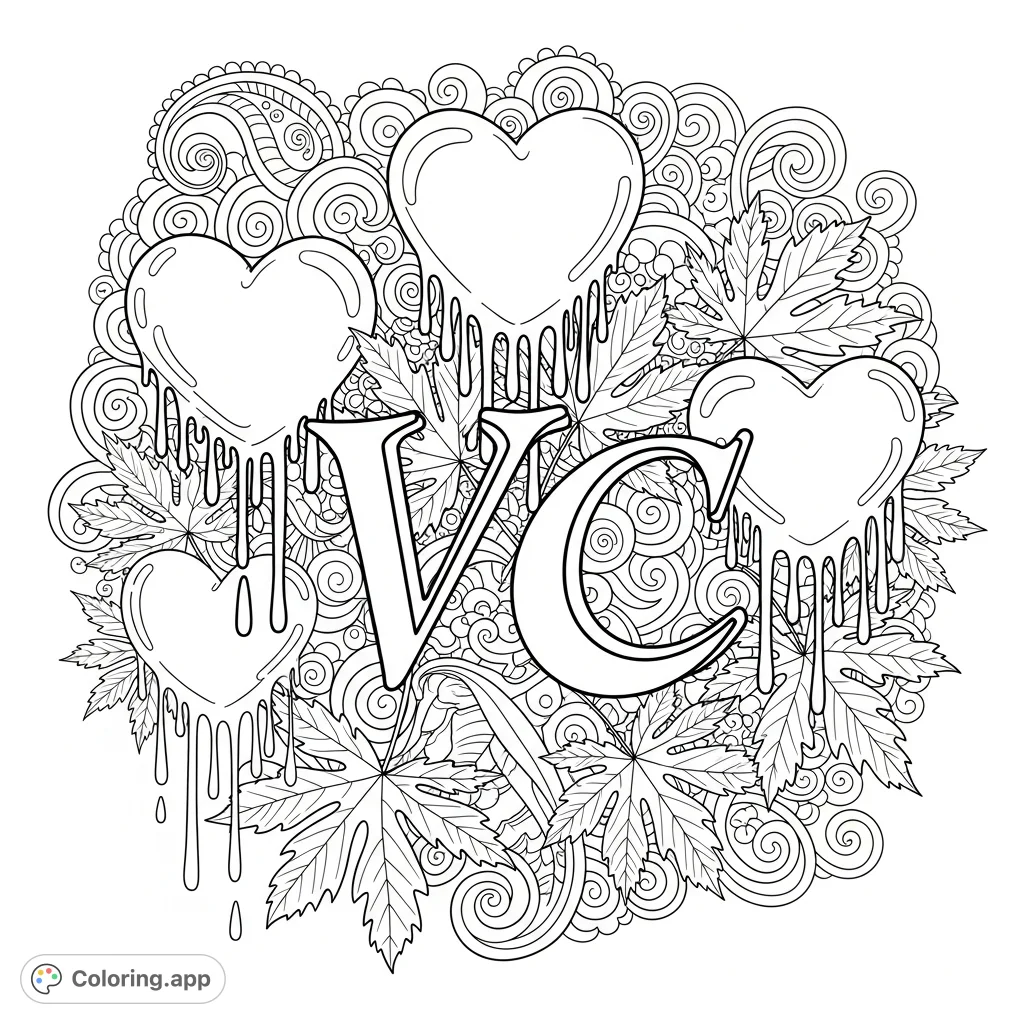 Explore a visually rich, trippy coloring page with elaborate drippy hippie hearts, bold 'V+C' calligraphy, and detailed leafy plants for an immersive experience.