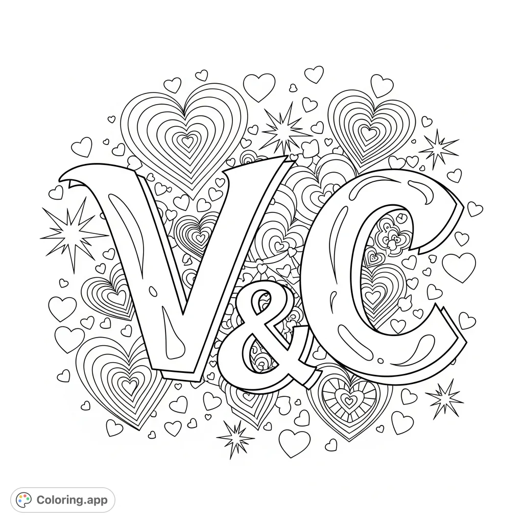 A groovy V & C initials coloring page featuring trippy font, cute hearts, swirling psychedelic designs, and scattered stars for a unique artistic experience.