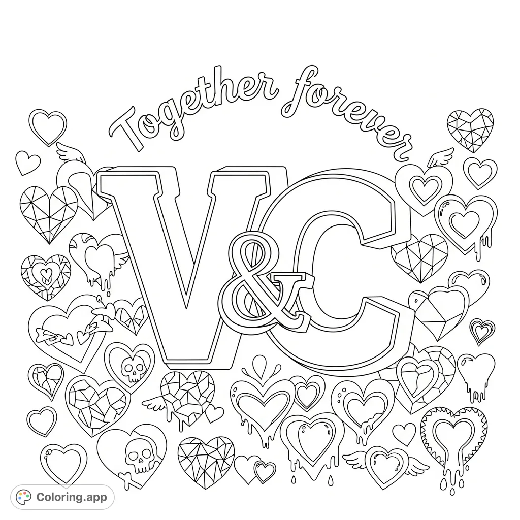 A unique V and C initial design with 'Together forever' text, surrounded by an array of cute, edgy, and trippy heart patterns, perfect for expressing connection.