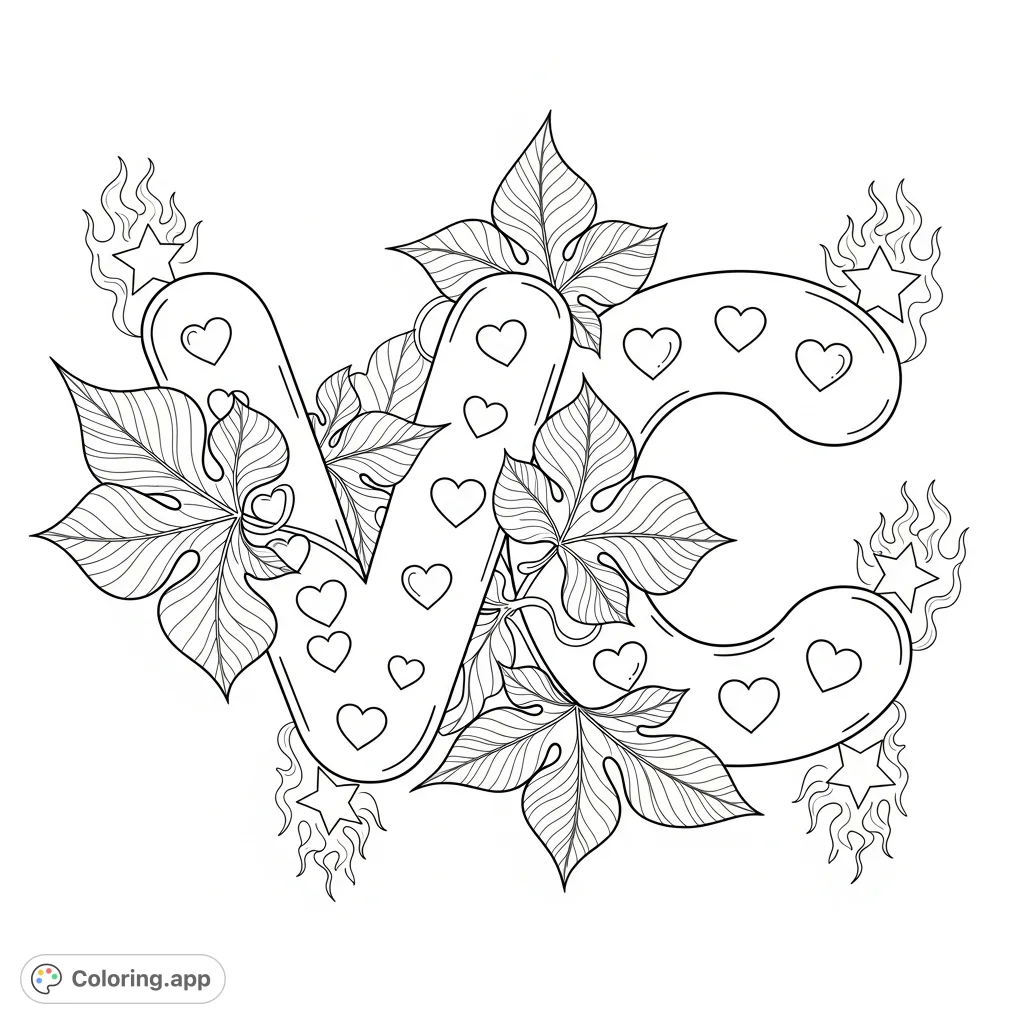 An intricate V+C bubble letter design intertwined with delicate leaves, sparkling stars, and fiery accents, forming a captivating optical illusion. A unique adult coloring page.