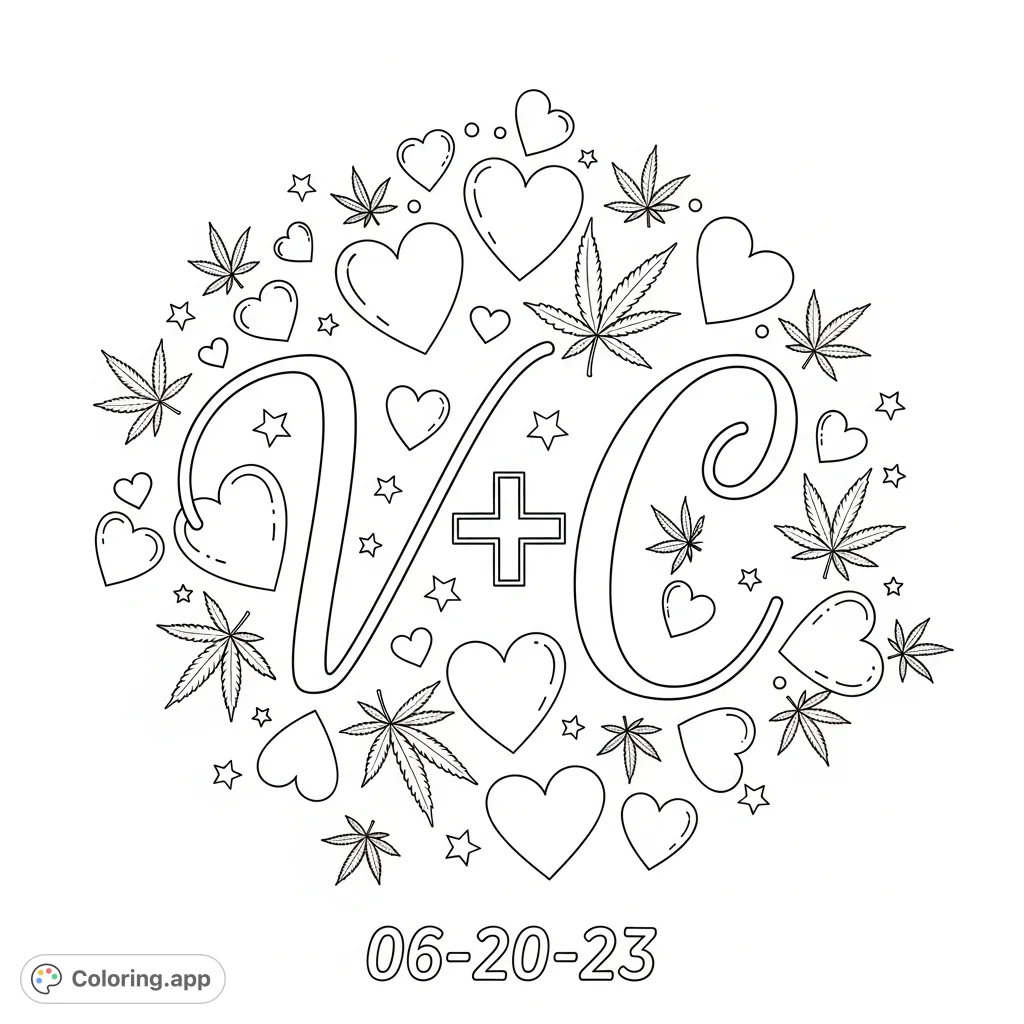 An intricate coloring page featuring elegant cursive initials "V + C," surrounded by exquisite hearts, delicate marijuana lea...