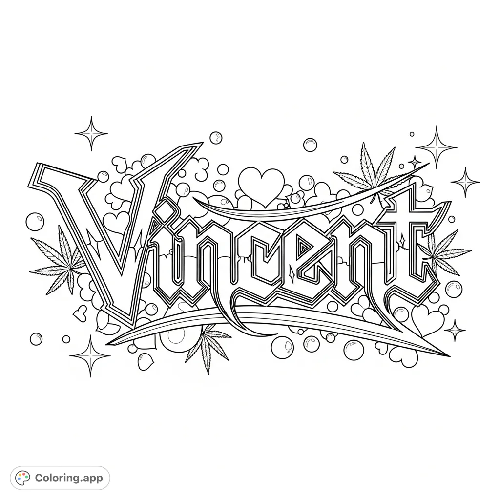 An edgy graffiti design featuring 'Vincent' in gothic script, surrounded by whimsical hearts, bubbles, 3D stars, and distinct cannabis leaves. A unique urban art coloring page.