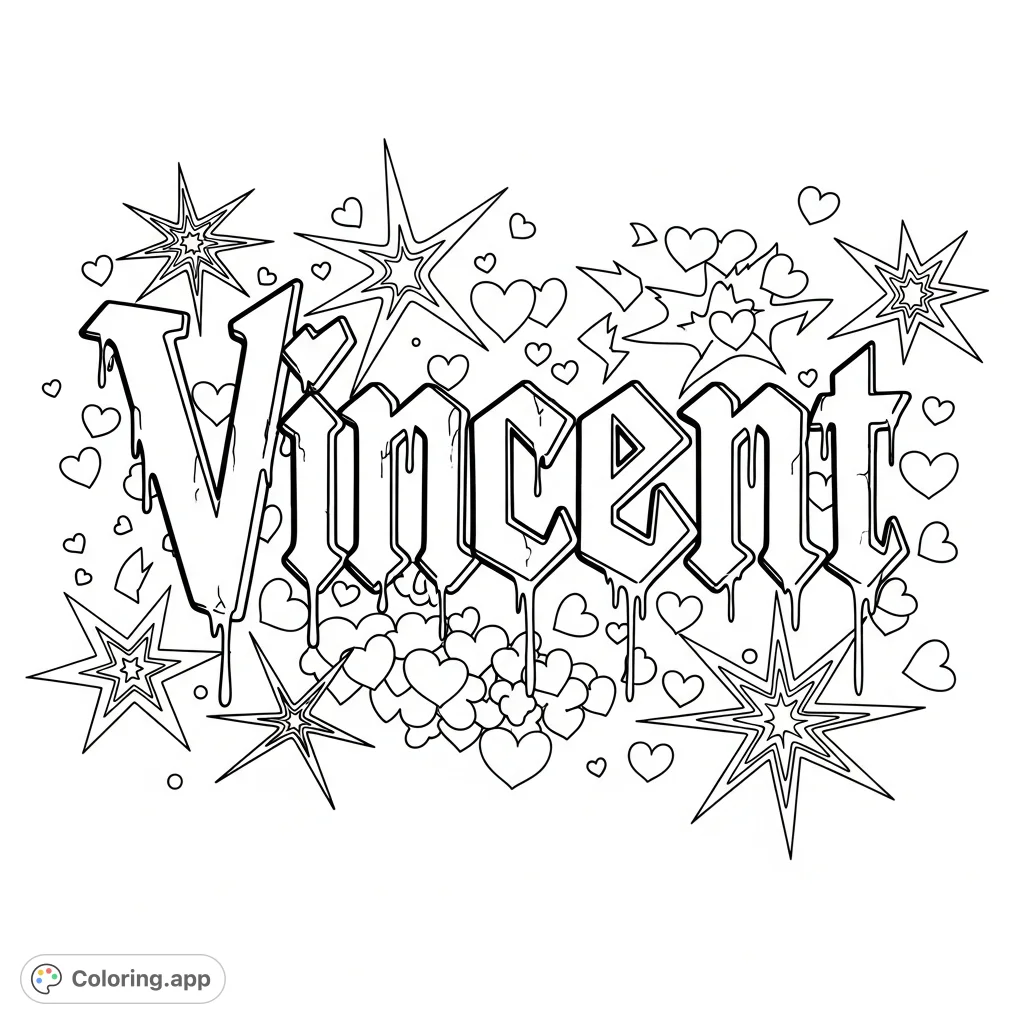 Color "Vincent" in a bold gothic graffiti style, surrounded by petite hearts and dynamically shaped, trippy stars. A unique, edgy design for creative expression.