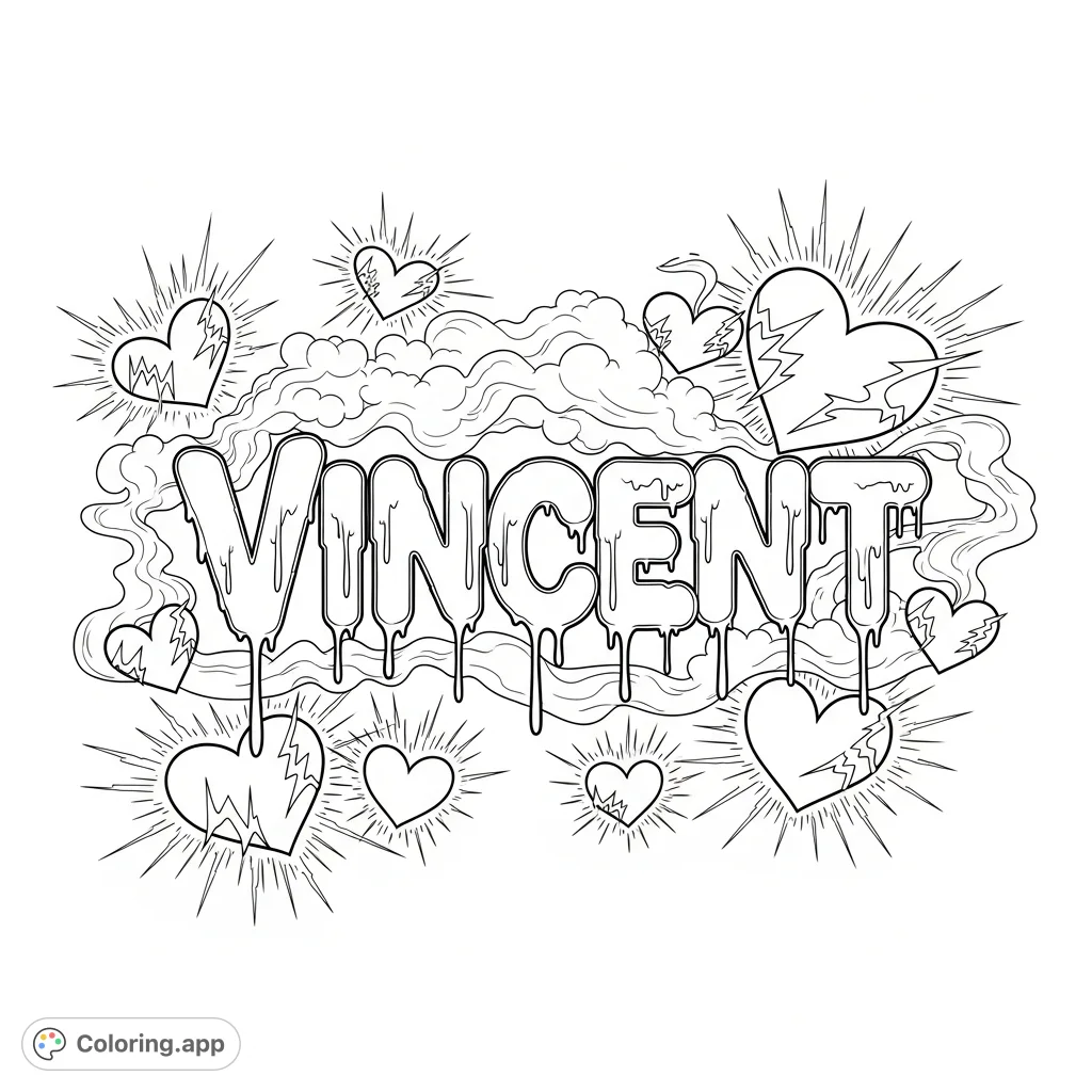 An energetic Vincent graffiti coloring page featuring drippy letters, electrifying hearts, and dynamic smoke, perfect for custom name art.