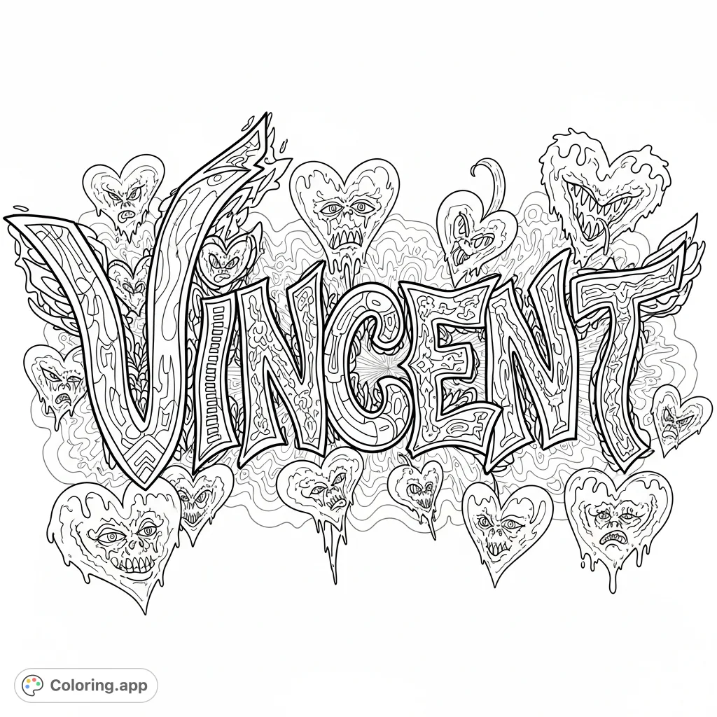 Dive into a trippy graffiti art piece featuring "Vincent" surrounded by bizarre, intricate hearts and abstract patterns, ready for your creative touch.