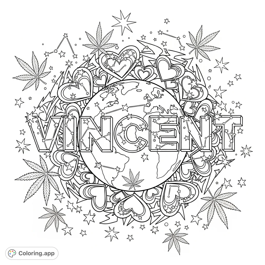 Explore a unique cosmic coloring page featuring 'Vincent' written in stars, a world embraced by tribal/graffiti hearts, and scattered cannabis leaves.