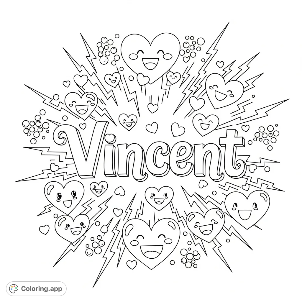 A vibrant design featuring stylized, radiating hearts with happy faces, encircling the unique, playful lettering of the name Vincent. Full of joy and affection.