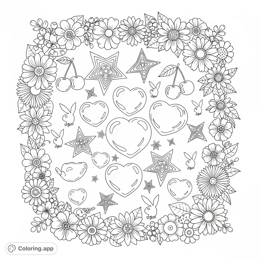 An enchanting aesthetic coloring page with a dynamic floral border, bubble hearts, trippy stars, sweet cherries, and distinctive tiny Playboy bunnies.