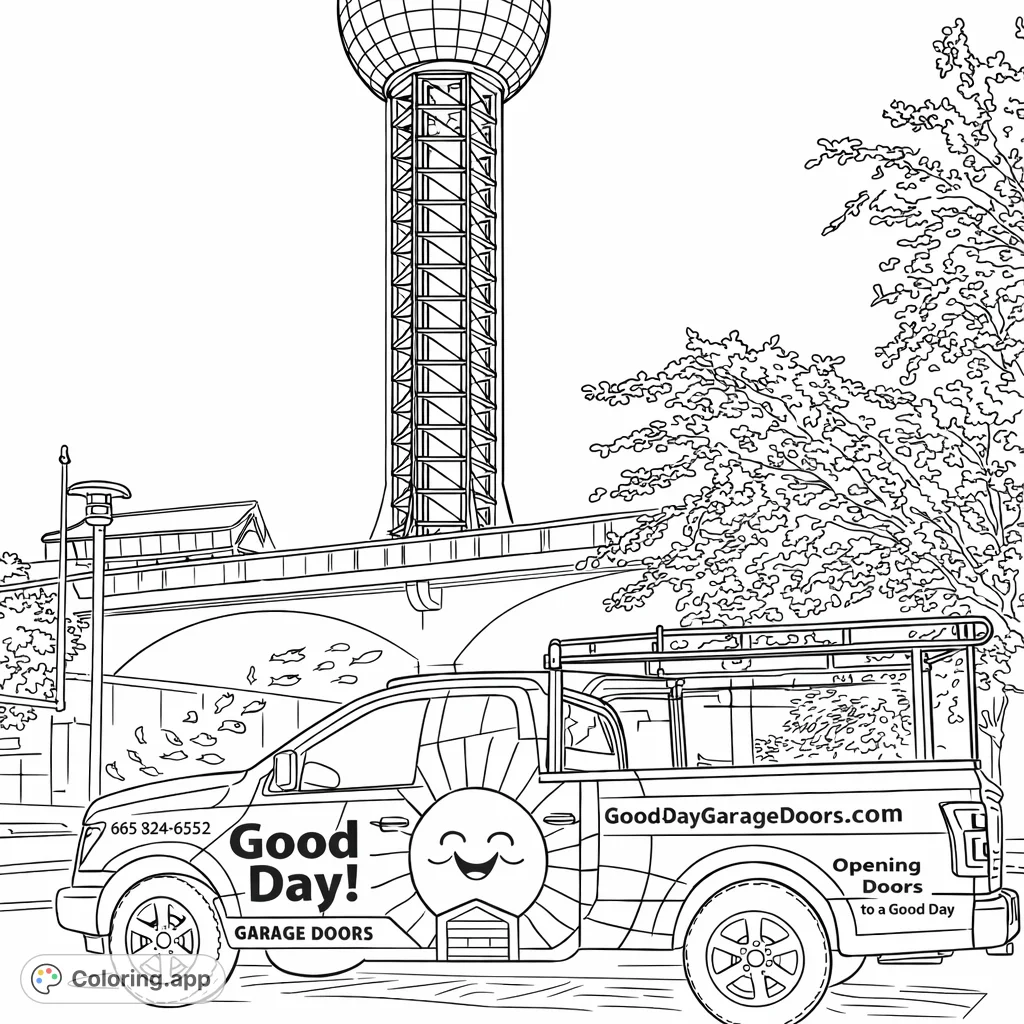 Color a dynamic cityscape featuring a distinct tower with a spherical top, an arched bridge with a bird mural, and a playful truck with a sun graphic.