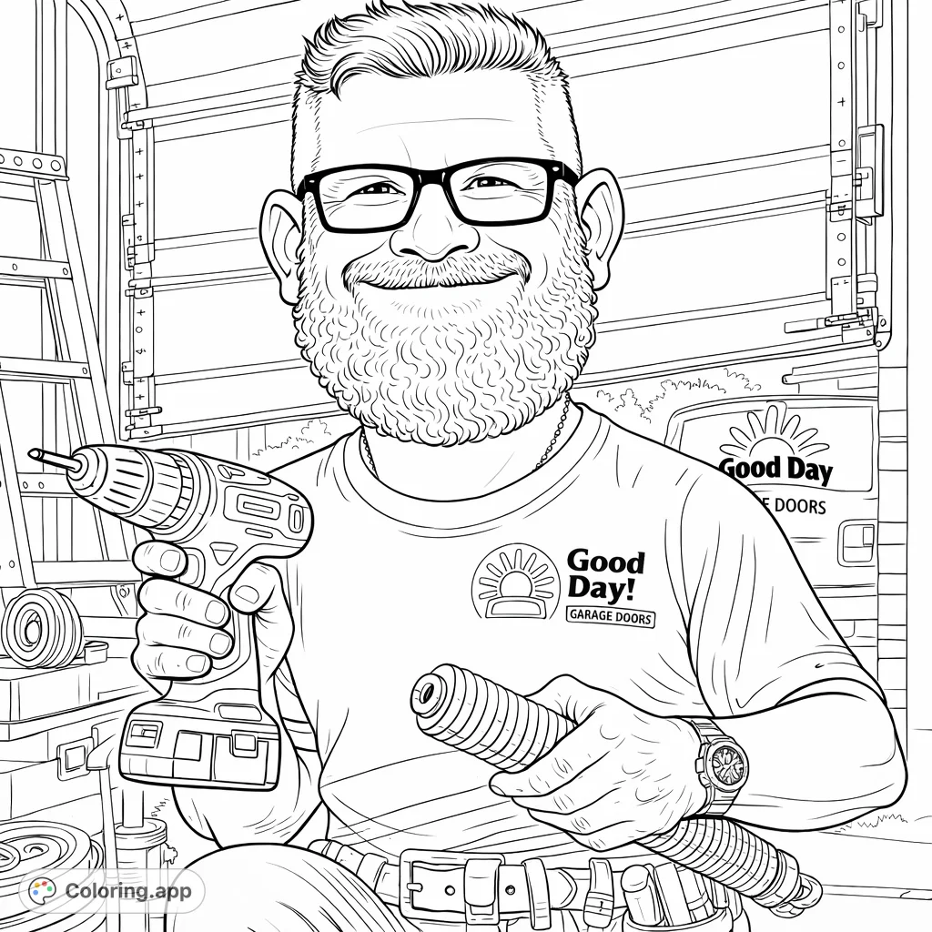 A friendly handyman ready to work, holding a power drill and garage door spring. Perfect for aspiring builders and DIY enthusiasts.