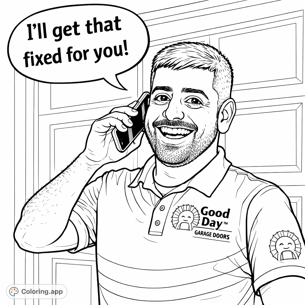 A smiling service technician talks on a phone, ready to assist. Features a uniform with logos and an empty speech bubble, perfect for custom coloring fun.