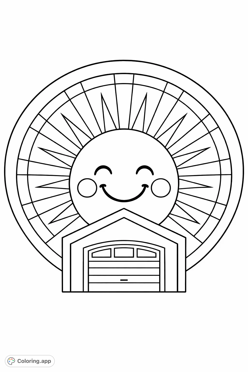 A cheerful sun shines above a simple building with a garage door, all within a playful border. Perfect for a happy coloring experience.