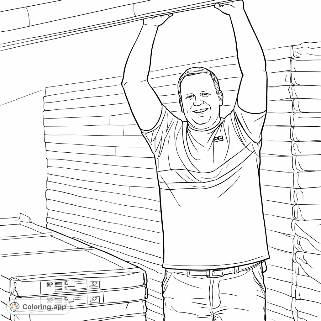 A cheerful man holding a panel in a bustling warehouse, surrounded by stacked materials. Perfect for showcasing a strong work ethic and a positive attitude.