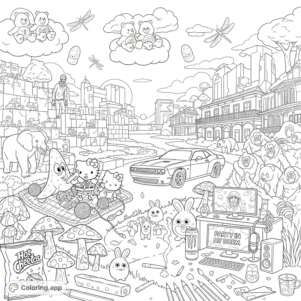Dive into a unique maximalist coloring page featuring SpongeBob, Hello Kitty, Minecraft, Dodge Challenger, animals, gaming, music, and subtle adult themes for a truly personal experience.