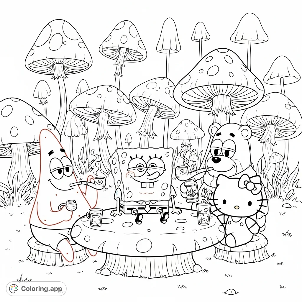 A unique adult coloring page featuring Spongebob, Patrick, the weed carebear, and Hello Kitty in a whimsical mushroom forest scene.