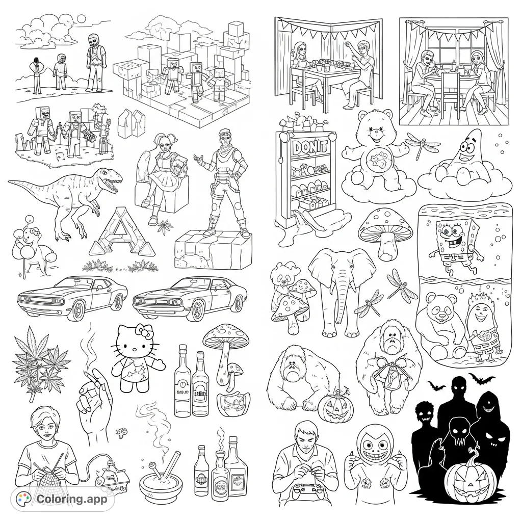 An outrageous adult coloring page blending pop culture icons, gaming worlds, beloved characters, animals, vehicles, and mature themes into one unique, expansive scene.