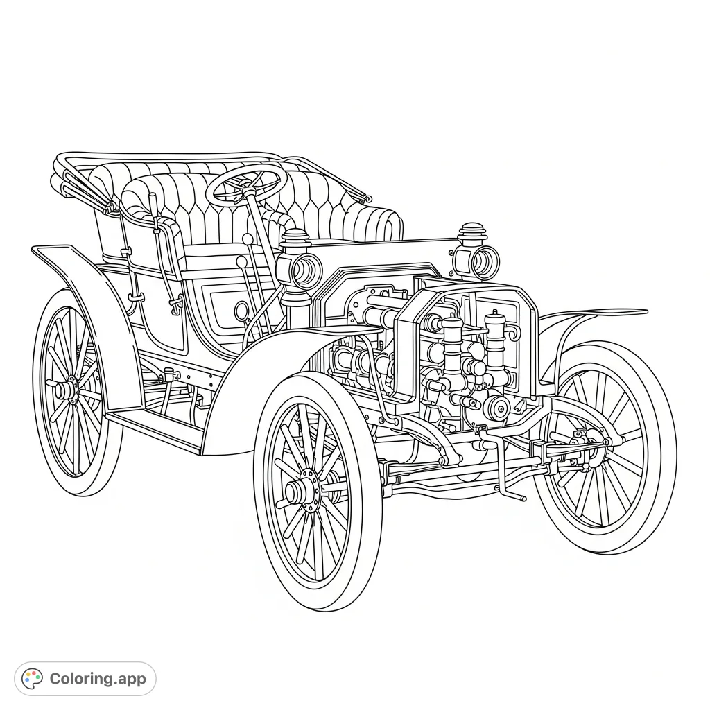 Step back in time with this detailed 1897 Ford model coloring page. Features spoked wheels, an open carriage, and exposed engine.