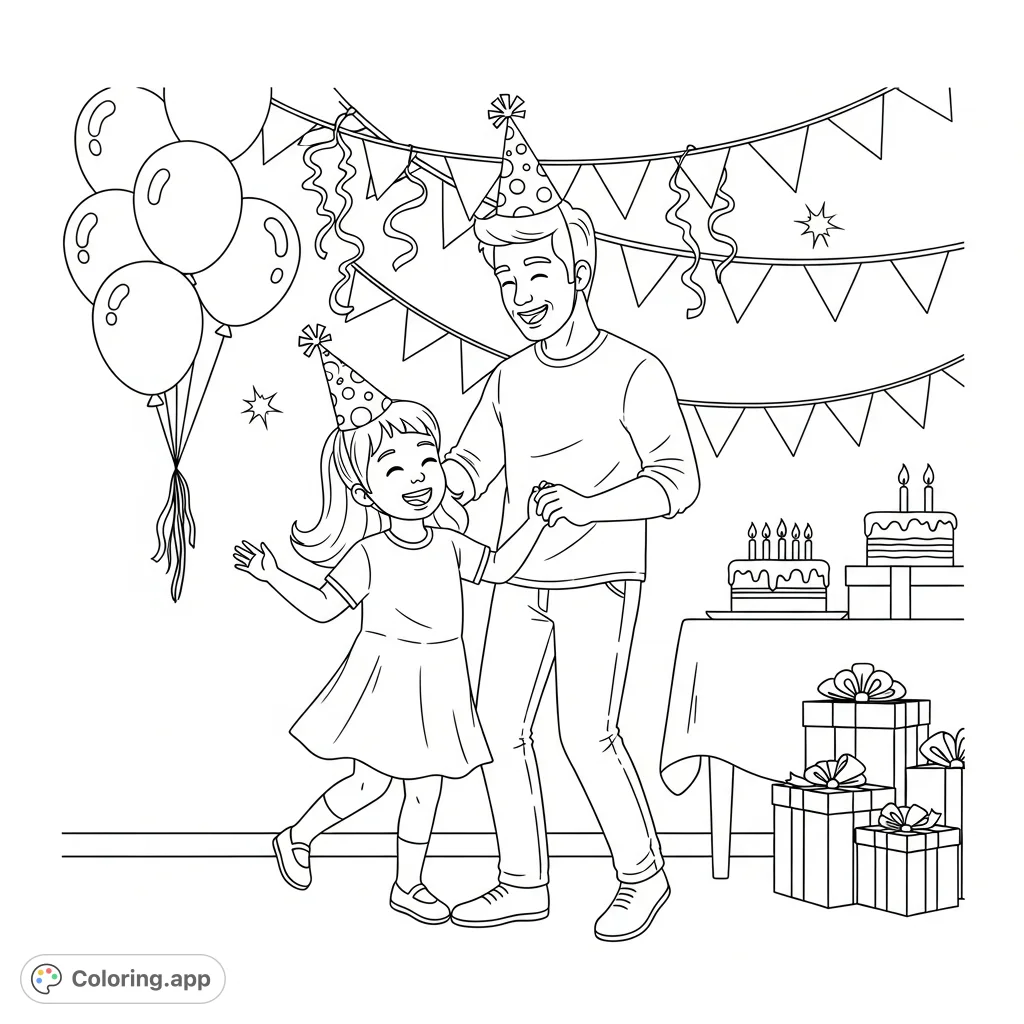 Join a heartwarming birthday celebration with a Dad and daughter singing and dancing. This cheerful scene is filled with festive balloons, cake, and gifts.