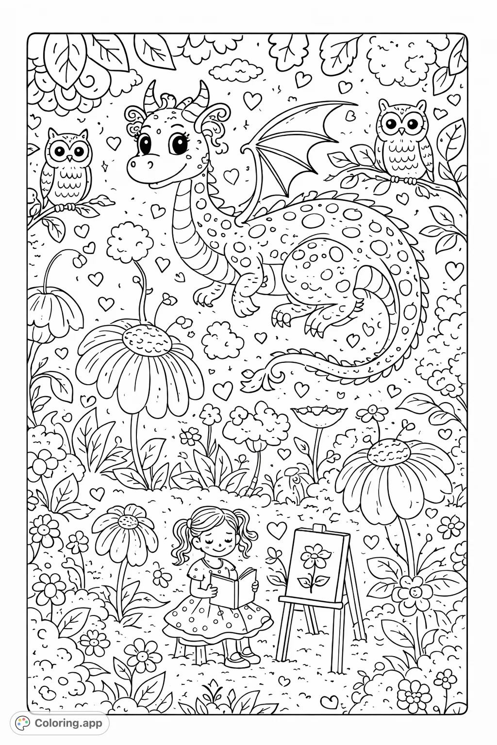 A whimsical scene featuring a friendly dragon, a reading girl, and wise owls in a magical garden filled with flowers, mushrooms, and charming details. A delightful fantasy adventure awaits your colors!