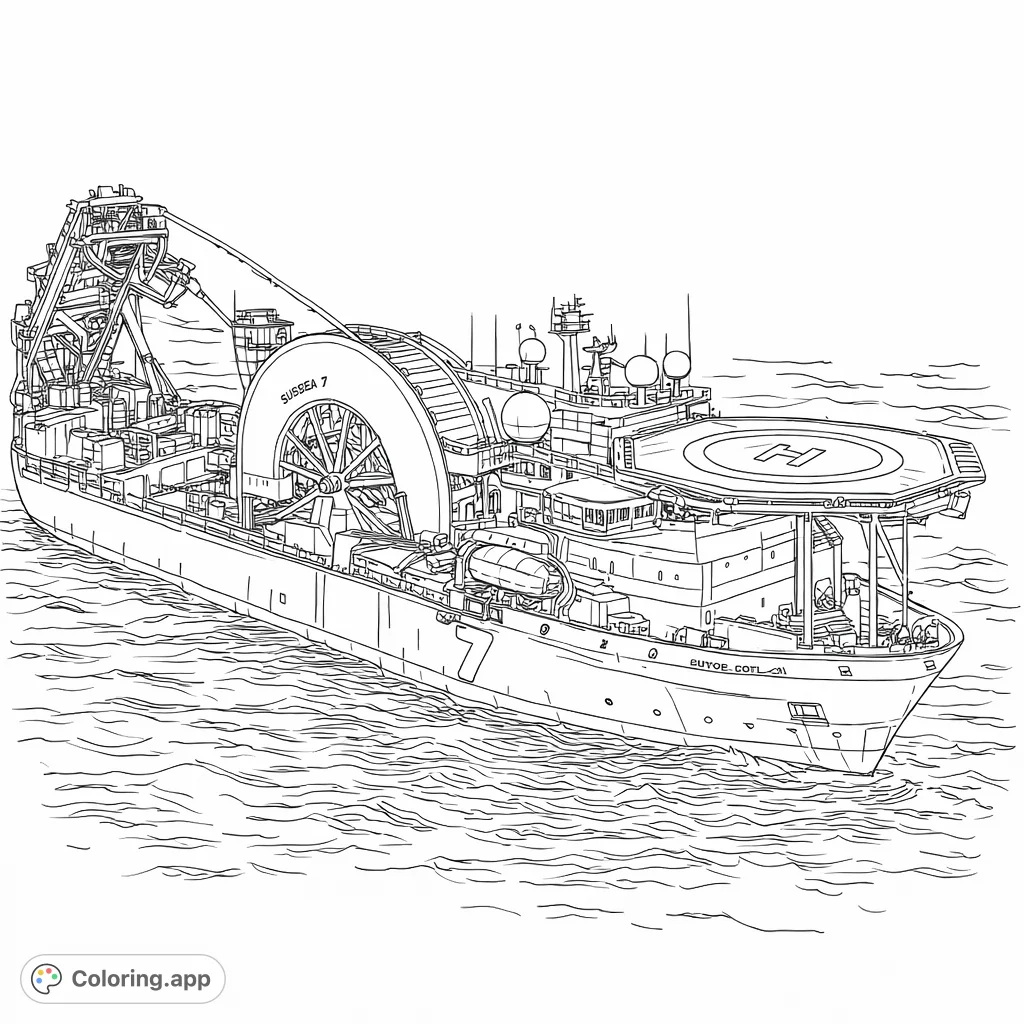 Explore the detailed world of marine engineering with this offshore vessel coloring page. Features a large ship with intricate deck machinery and a helipad.