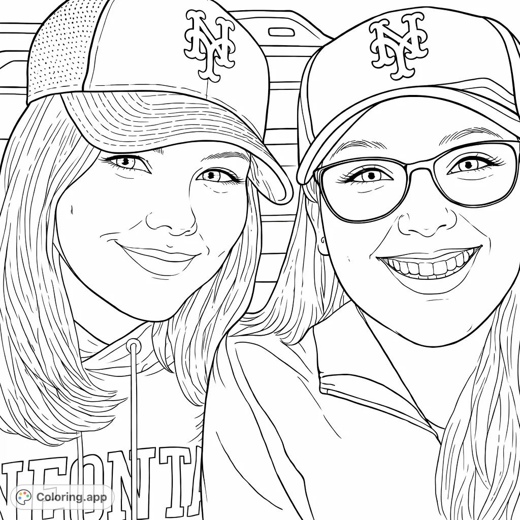 A heartwarming free printable sports fan coloring page featuring two smiling friends in baseball caps, perfect for enthusiasts of all ages.