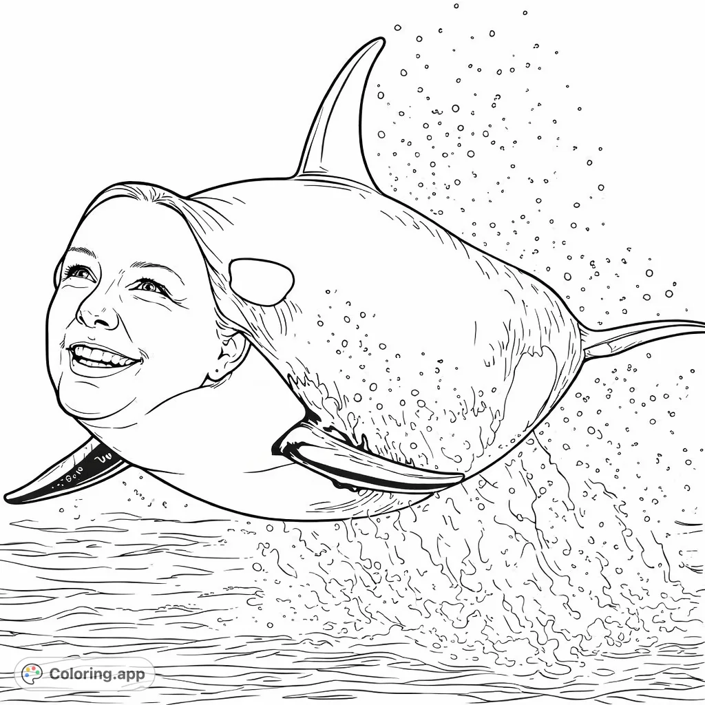 A unique coloring page featuring an orca breaching from the water, with a human face smiling instead of its natural head. Dynamic splashes add excitement to this unusual marine scene.