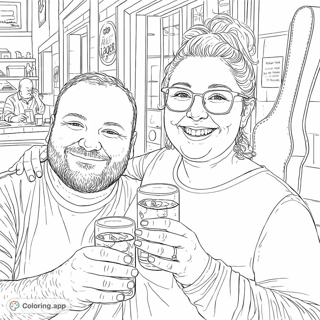 Capture a moment of joy: a smiling couple raises glasses in a lively pub setting, surrounded by rustic details and an inviting atmosphere. Perfect for adults.