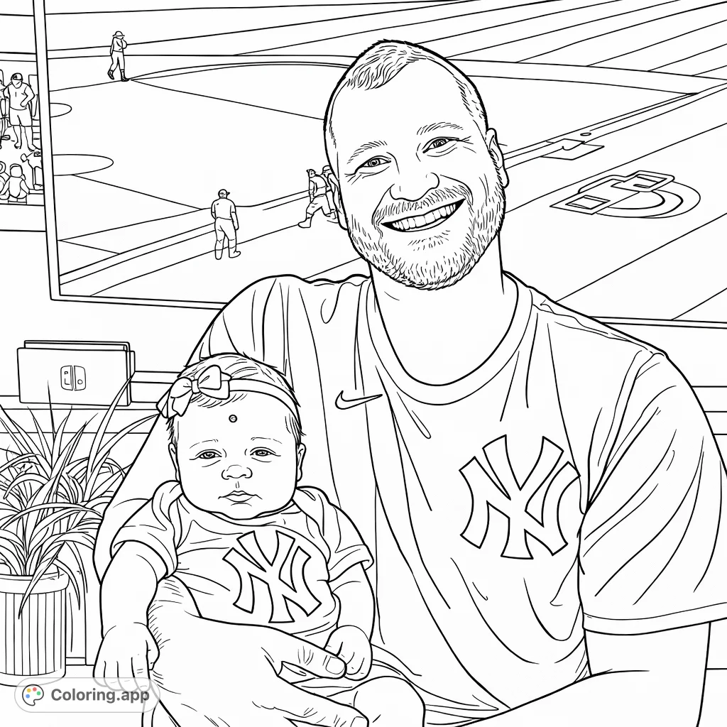 Celebrate family and sports with this heartwarming coloring page featuring a proud father holding his baby in matching team apparel, against a baseball field backdrop.