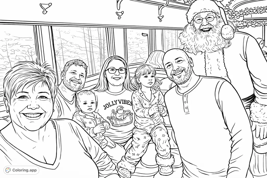 Capture the magic of a holiday train journey with Santa and a happy family! This festive coloring page features joyful faces and detailed decor.
