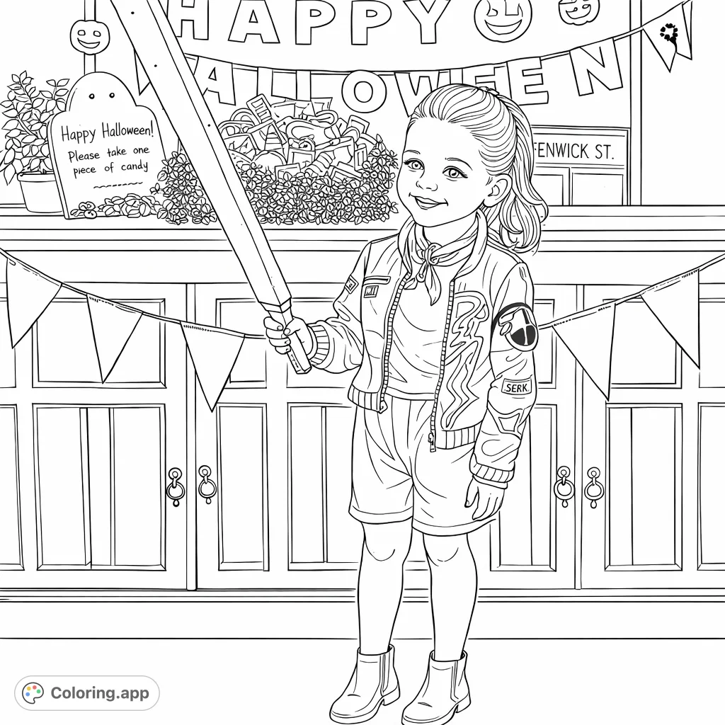 Capture the joy of a child in a unique costume, surrounded by playful Halloween decorations. A fun, free printable costume coloring page for all ages.