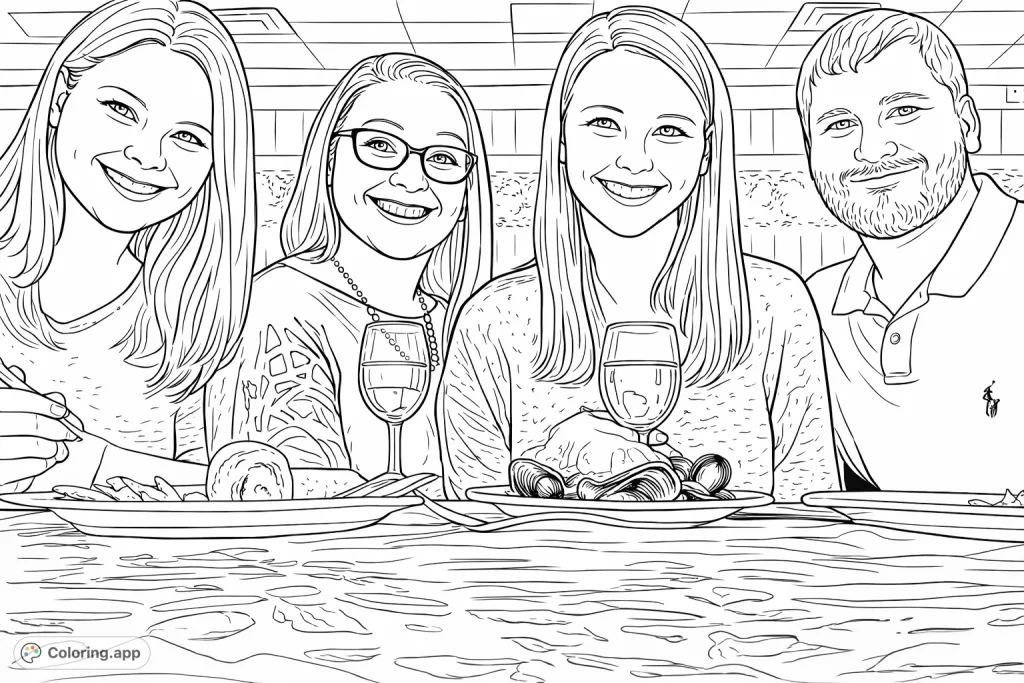 A vibrant gathering of friends enjoying a meal together. Personalize their expressions, outfits, and the delicious food items in this cheerful social scene.