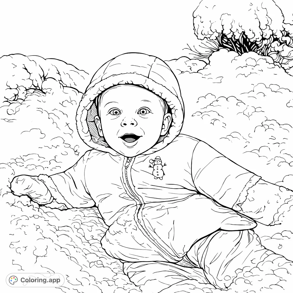 An adorable baby bundled in winter gear, happily exploring a snowy landscape. A delightful winter scene perfect for young colorists.