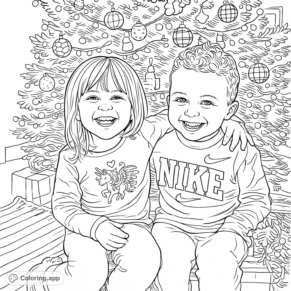 Two joyful children pose in front of a festive tree, ready for holiday coloring fun. A delightful scene for kids of all ages.