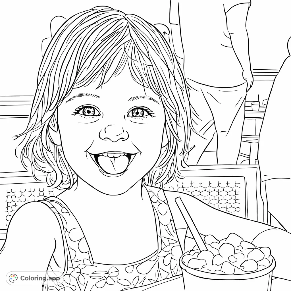A delightful coloring page featuring a joyful child with a big smile, enjoying a sweet treat. Perfect for a fun coloring session.