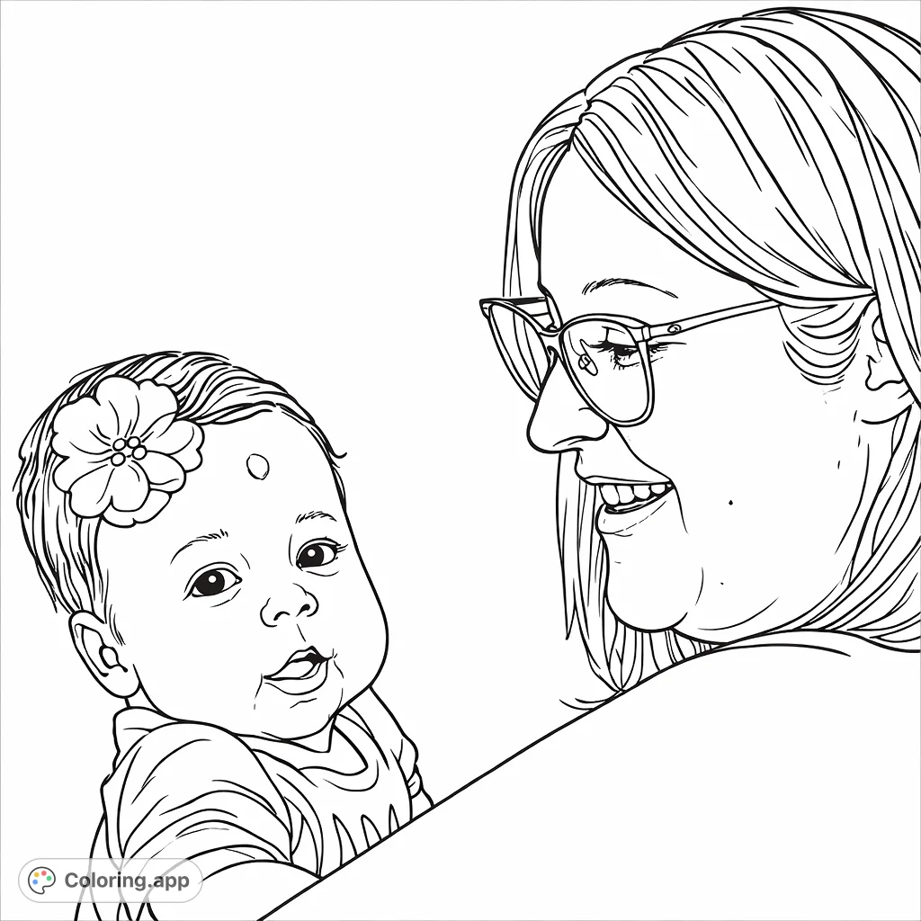 A heartwarming depiction of an adult holding a baby, capturing a tender moment. Features a baby with a floral headpiece and a smiling adult in glasses.