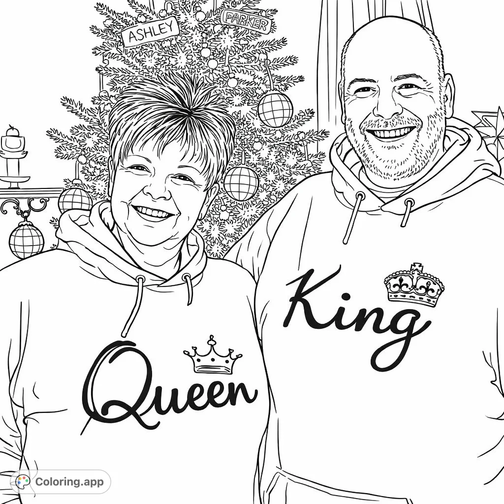 Celebrate connection with this royal couple holiday coloring page. Features a smiling pair in 'King' and 'Queen' hoodies before a festive tree.