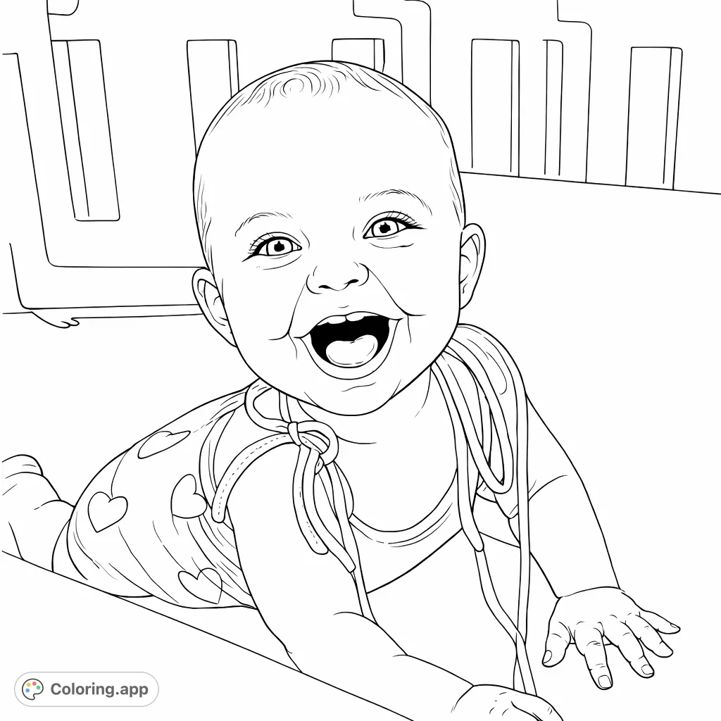 A delightful coloring page featuring a joyous baby on hands and knees, wearing a strawberry-patterned romper and beaming a wide, happy smile.