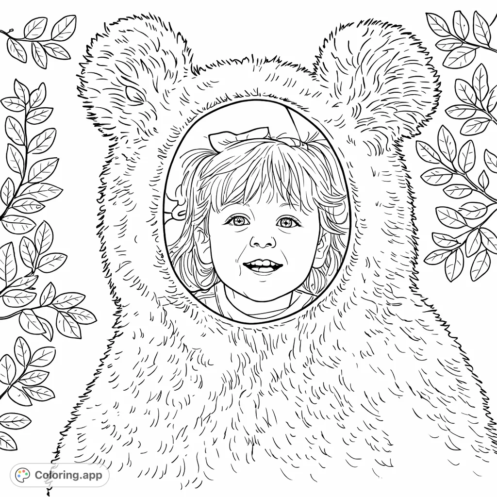 A joyful child's face smiles through a playful bear standee, surrounded by leafy patterns. Perfect for a fun coloring adventure!